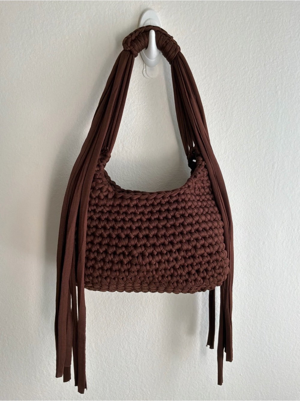 Crochet Fringe Shoulder Bag in Dark Brown